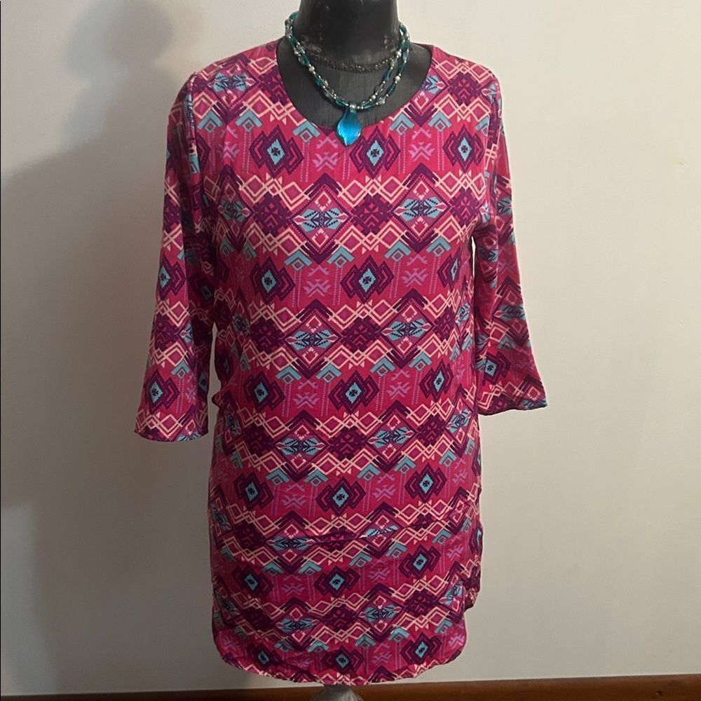 Everly Pink Vintage Aztec print 3/4 sleeves tunic dress, size M